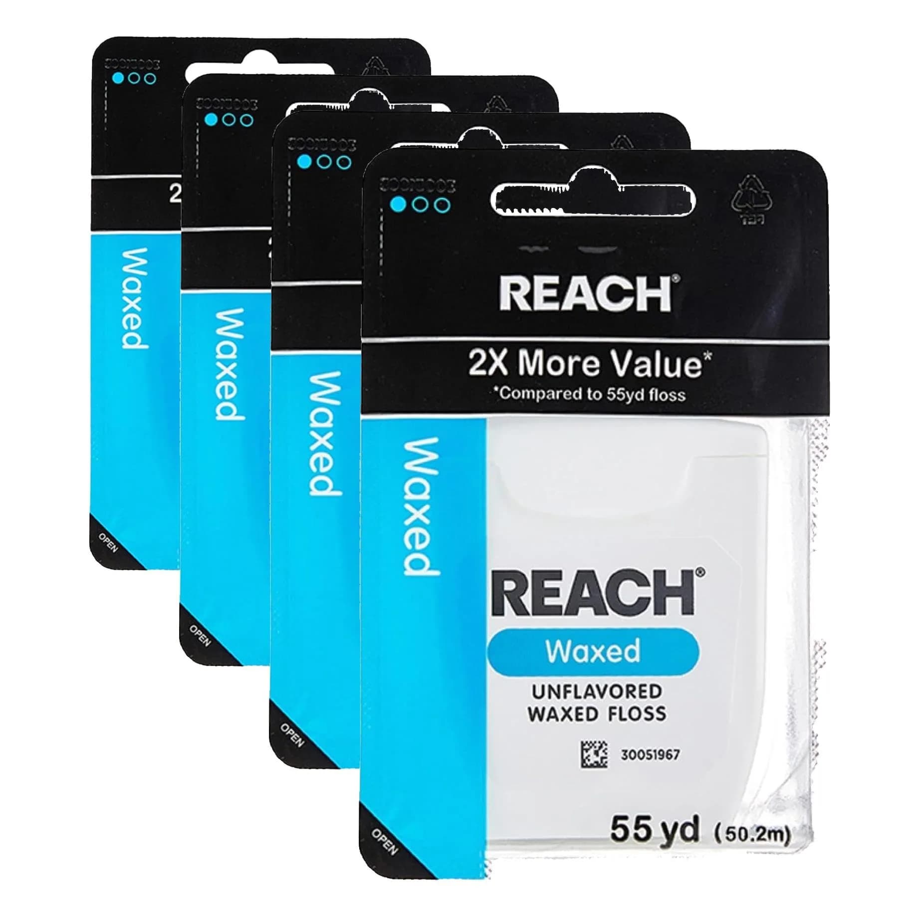REACH Waxed Dental Floss, Unflavored, 660 ft (Pack of 4) | Shred Resistant Plaque Remover — Blue