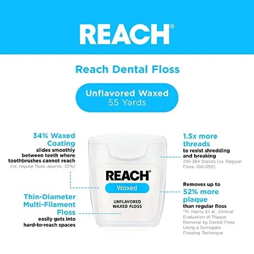 REACH Waxed Dental Floss, Unflavored, 660 ft (Pack of 4) | Shred Resistant Plaque Remover thumbnail 2
