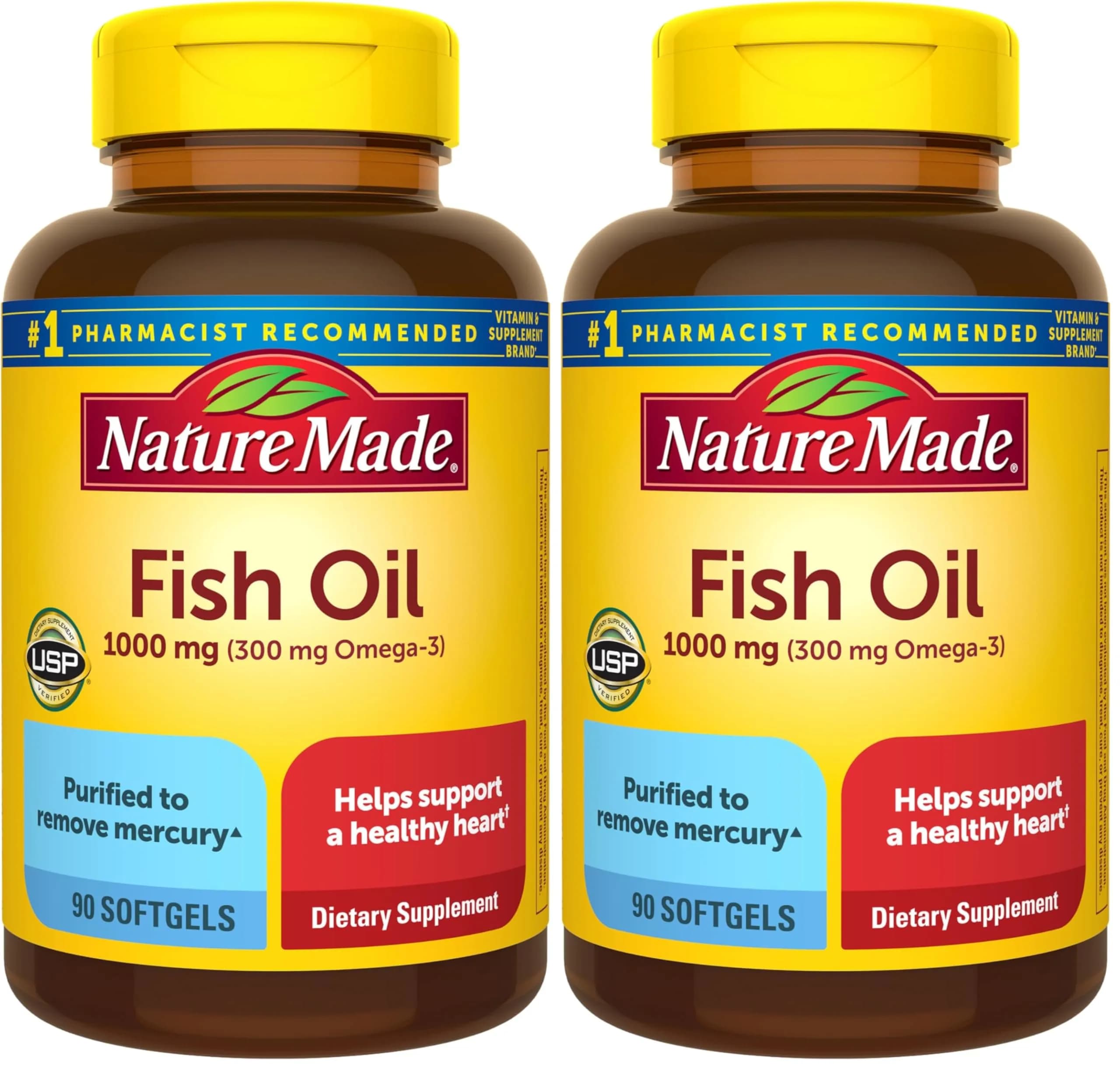 Nature Made Fish Oil Omega 3 Supplements 1000 mg Softgels 180 Count (90 Count Pack of 2) | Heart Health Support with USP Verification - main product image