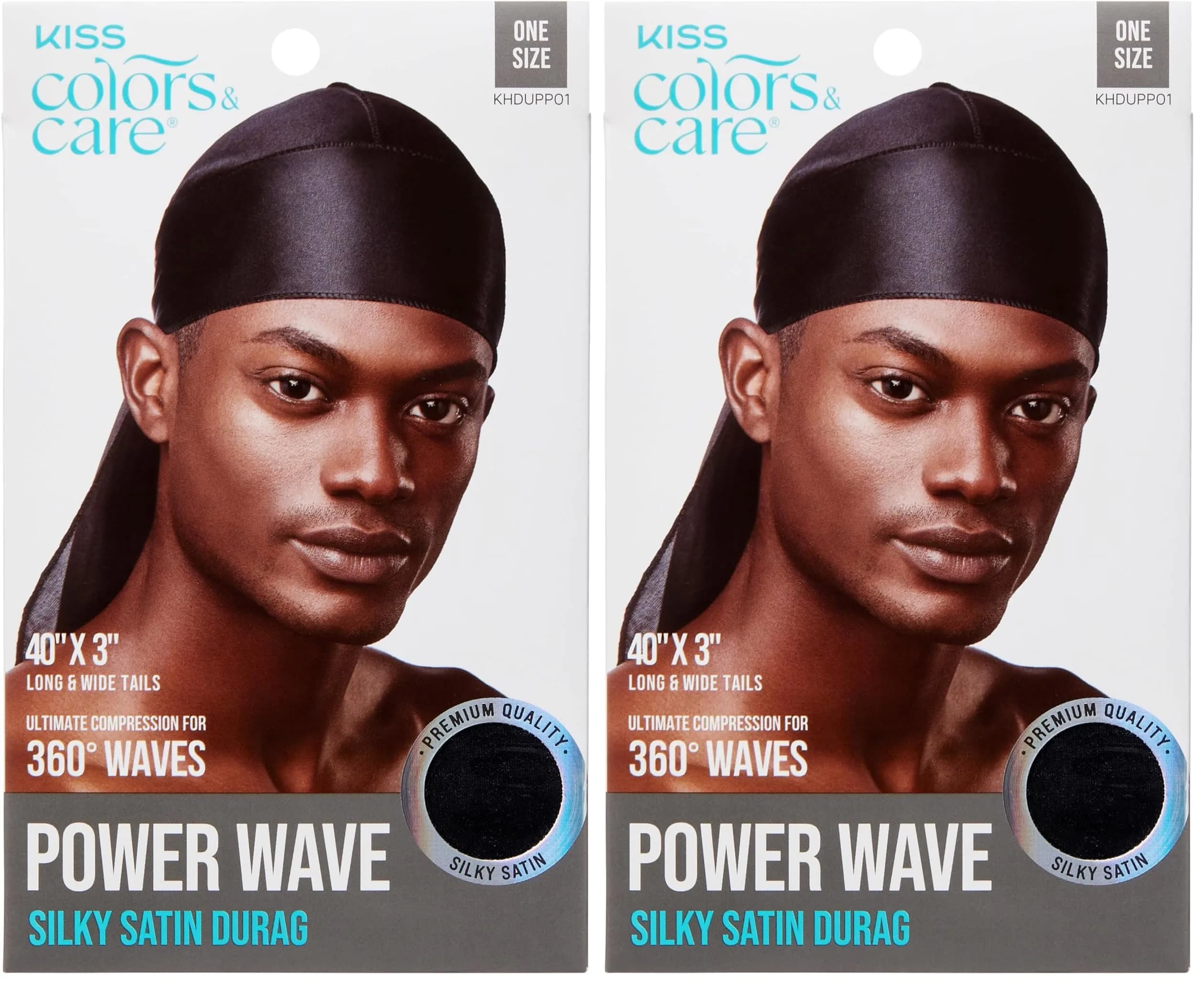 KISS COLORS & CARE Power Wave Silky Satin Durag - Black, Pack of 2 | Ultra-Compression for 360° Waves - main product image