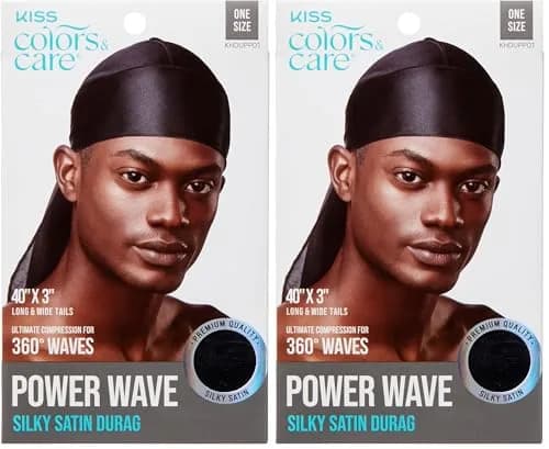 KISS COLORS & CARE Power Wave Silky Satin Durag - Black, Pack of 2 | Ultra-Compression for 360° Waves thumbnail 1