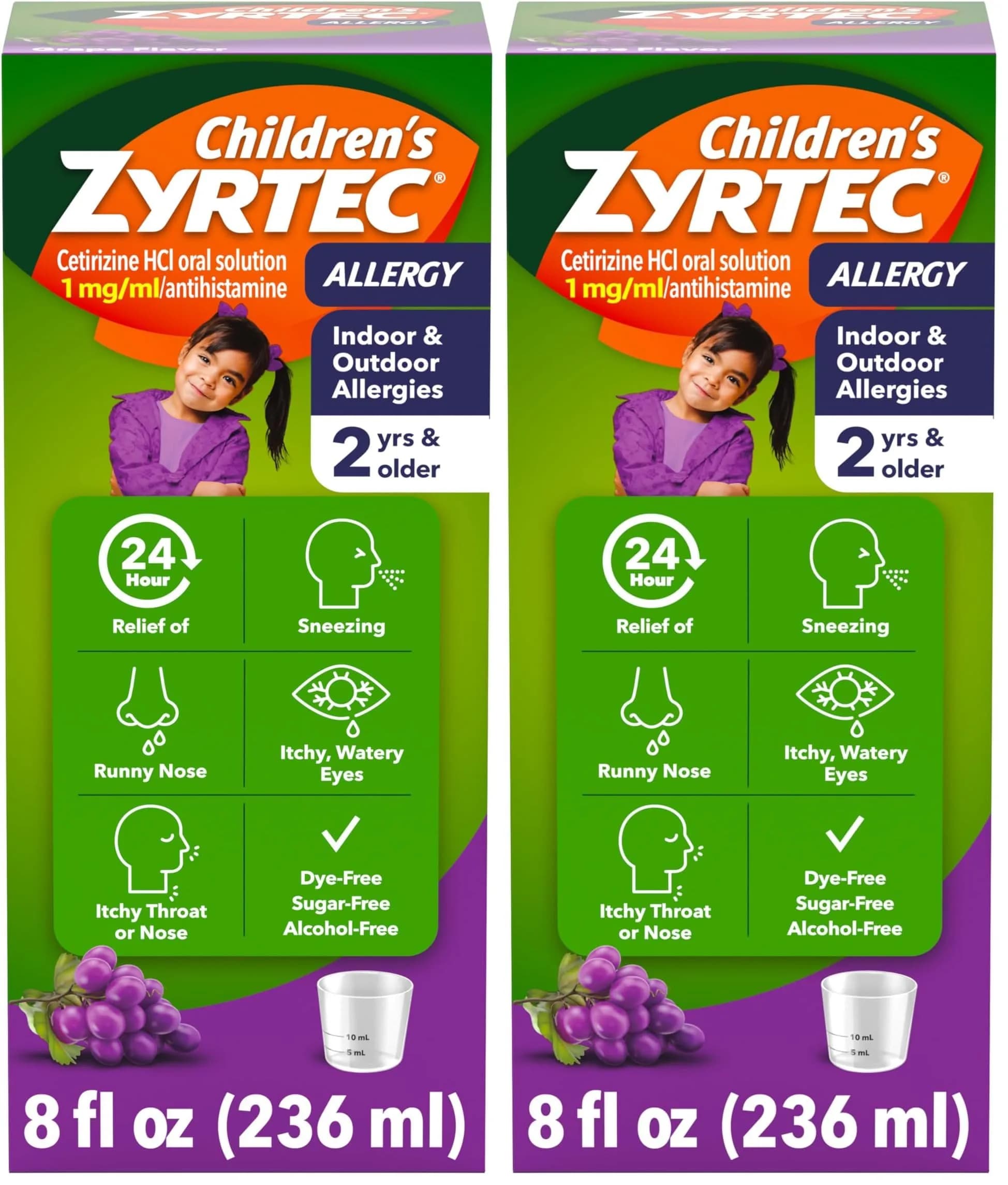 Zyrtec 24 Hour Children’s Allergy Syrup Grape Flavor 8 fl. oz (Pack of 2) | 24-Hour Allergy Relief for Kids — Grape