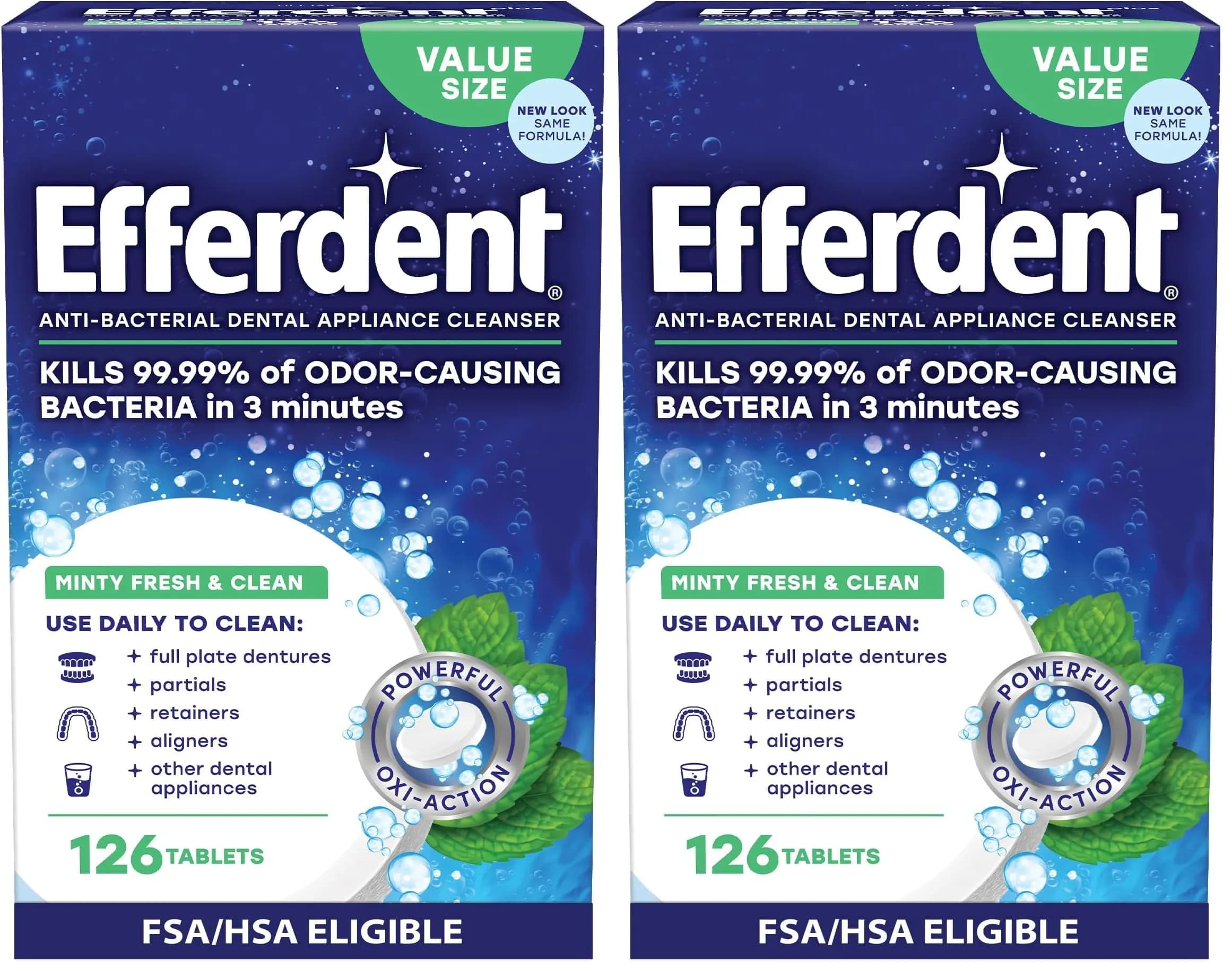 Efferdent Minty Fresh & Clean Denture Cleaner Tablets 90 Count | Kills 99.99% Bacteria — Denture Cleanser Tablets / Tablets