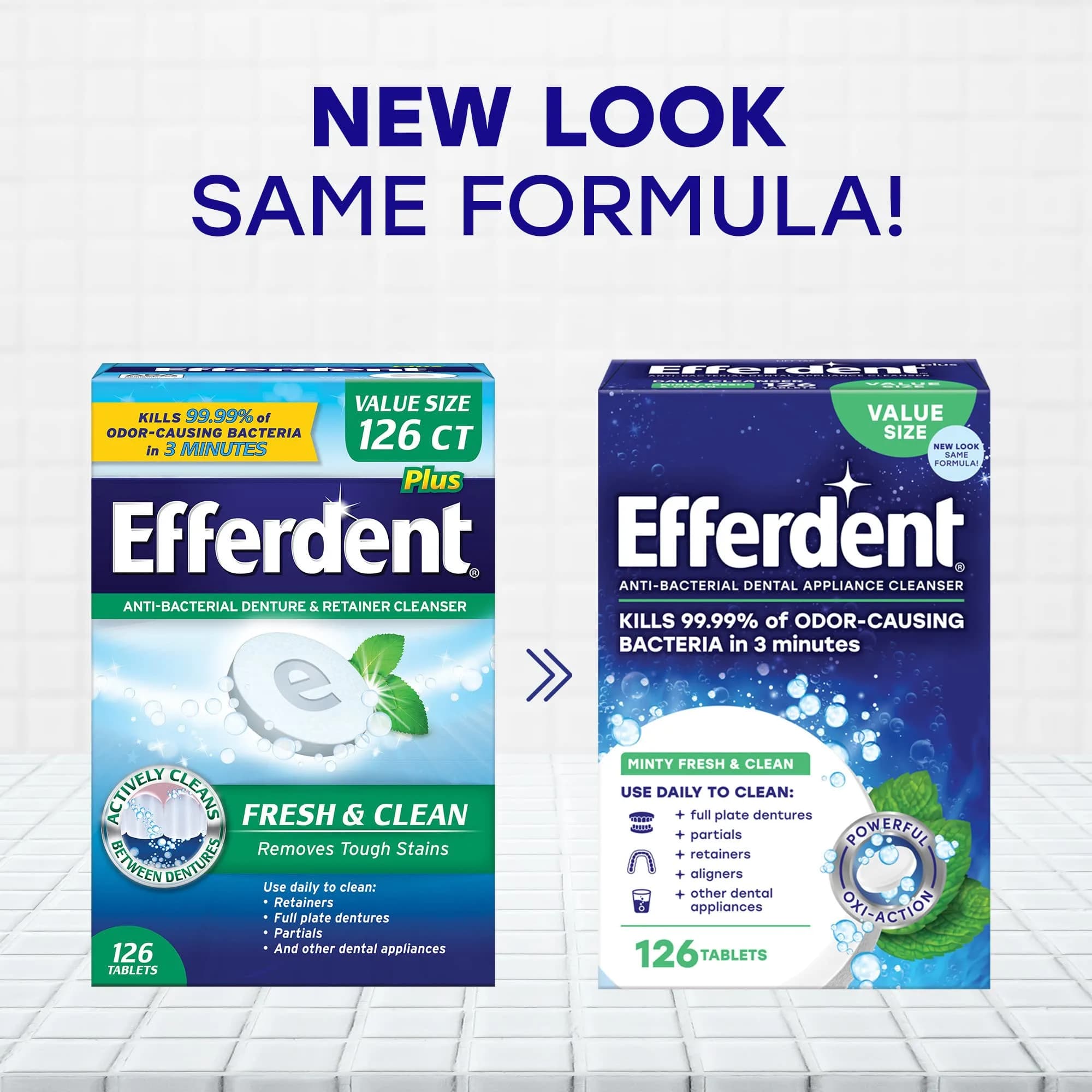 Efferdent Denture Cleanser Tablets for Dental Appliances - 126 Count (Pack of 2) | Kills 99.99% Bacteria in 3 Mins - view 2