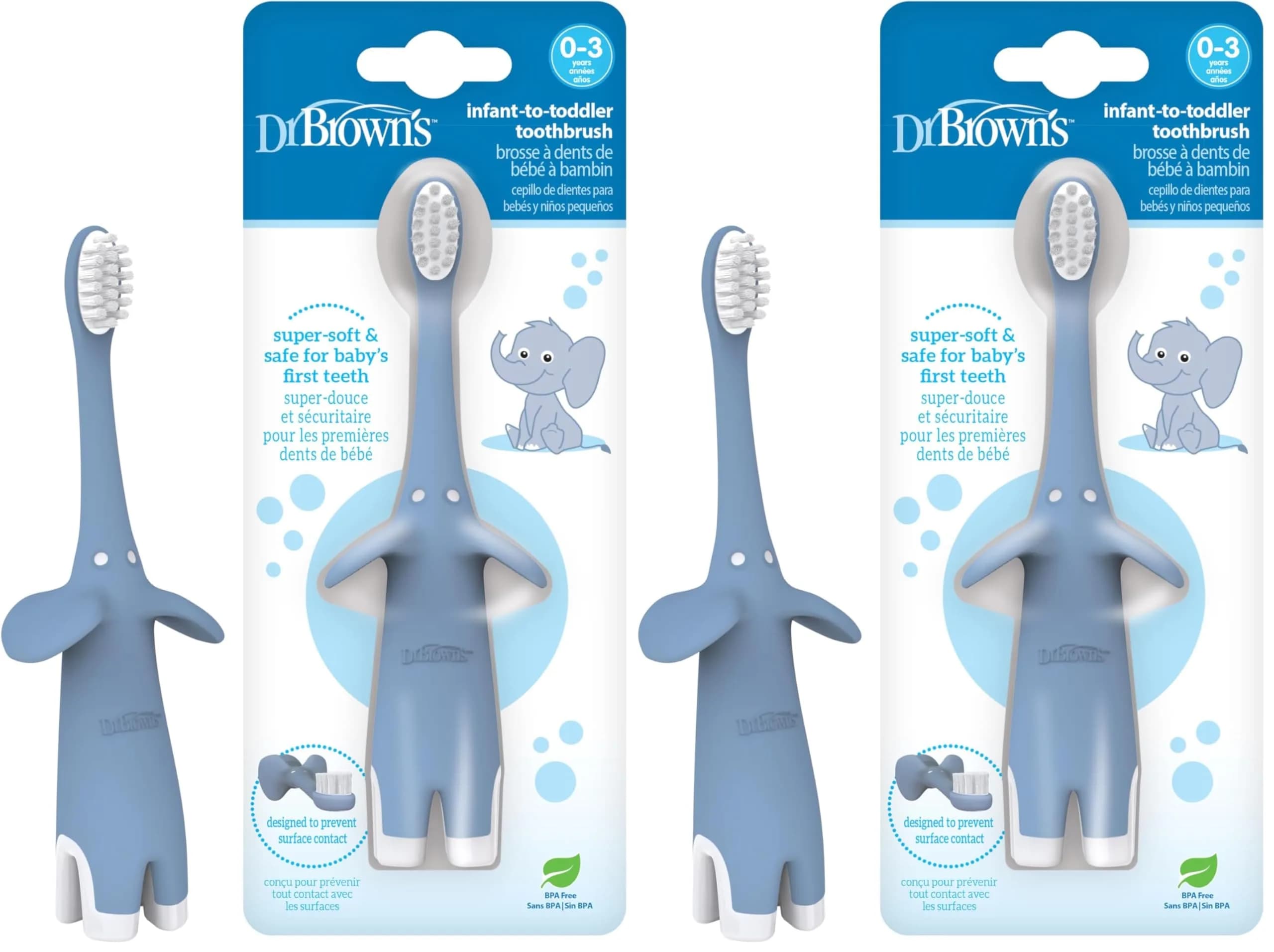 Dr. Brown's Infant-to-Toddler Toothbrush Soft Blue Elephant 2 Pack | BPA-Free Training Brush for Ages 0-3 Years — Blue