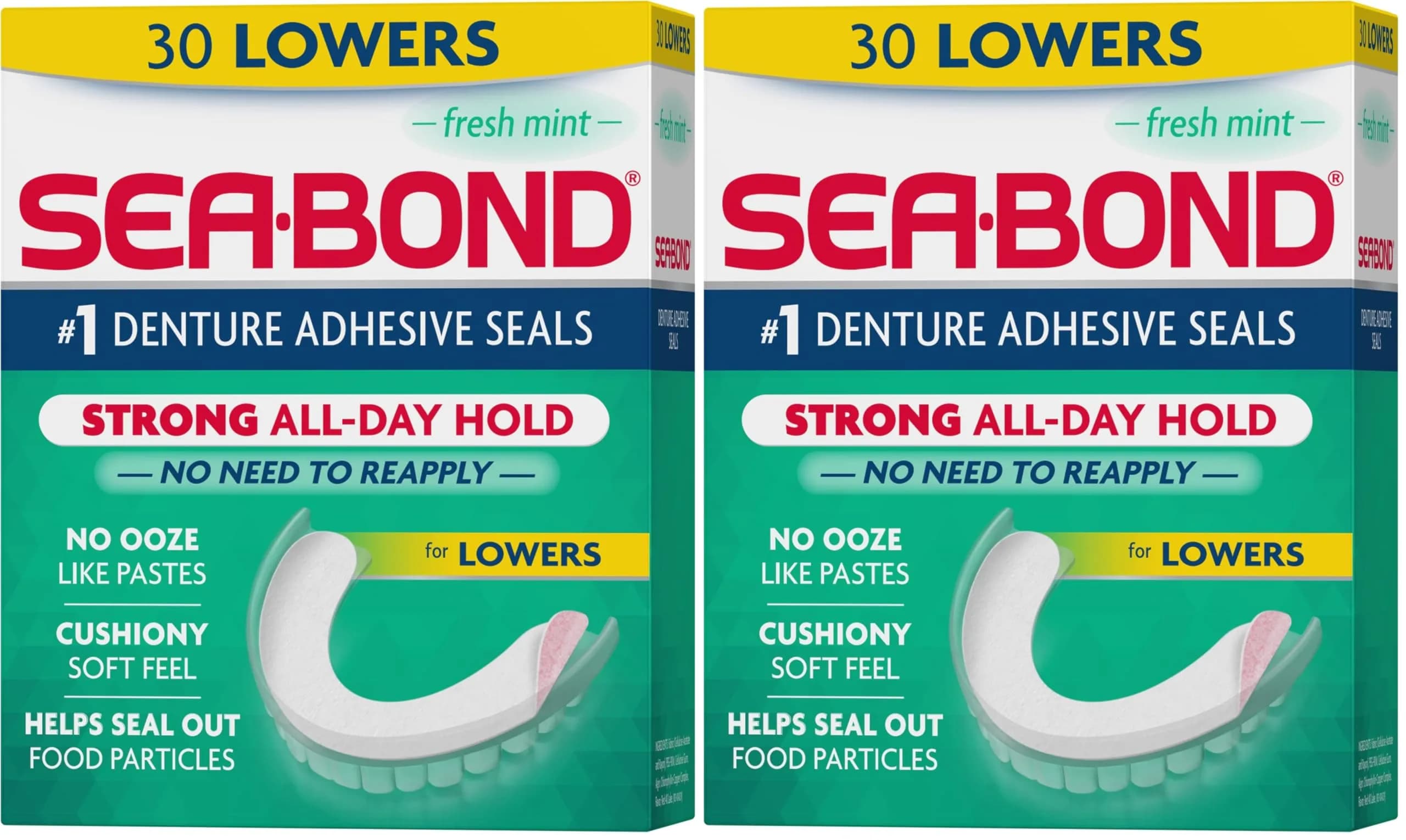 Sea-Bond Fresh Mint Denture Adhesive Seals for Lowers, 60 Count (2 x 30 Count Packs) | Zinc-Free, Mess-Free All-Day Hold - main product image