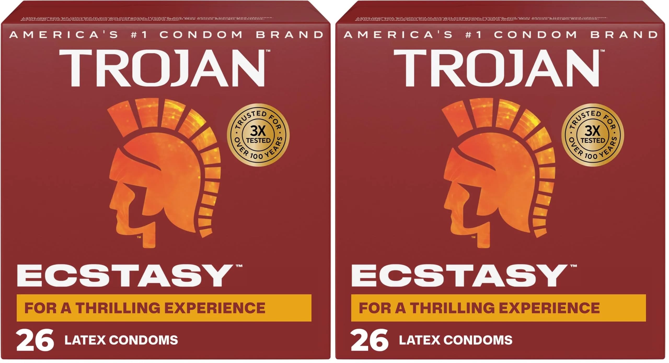 TROJAN Ecstasy Ribbed Latex Condoms for Men, 52 Count (Pack of 2) | Dual Lubricated for Enhanced Sensitivity - main product image