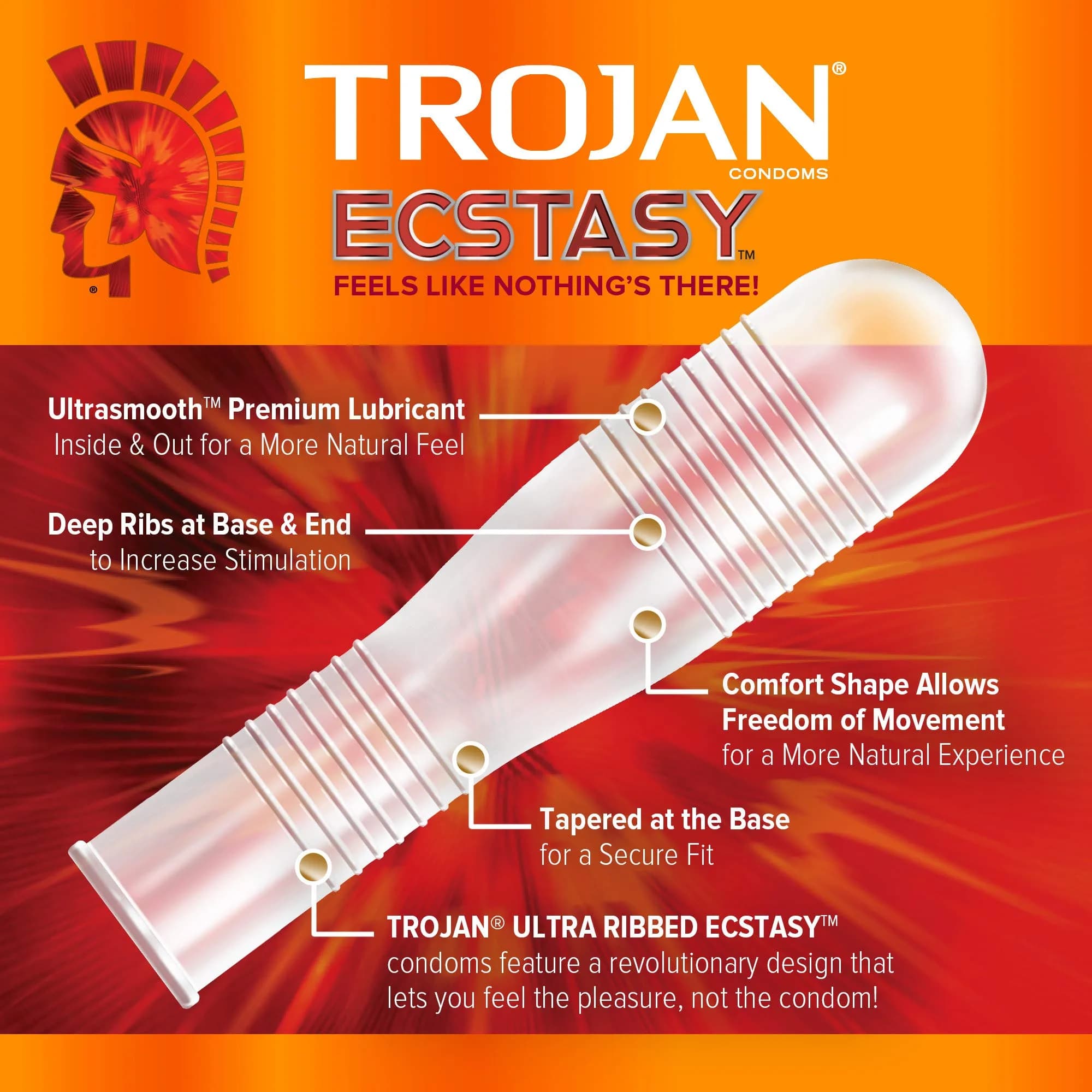 TROJAN Ecstasy Ribbed Latex Condoms for Men, 52 Count (Pack of 2) | Dual Lubricated for Enhanced Sensitivity - view 2