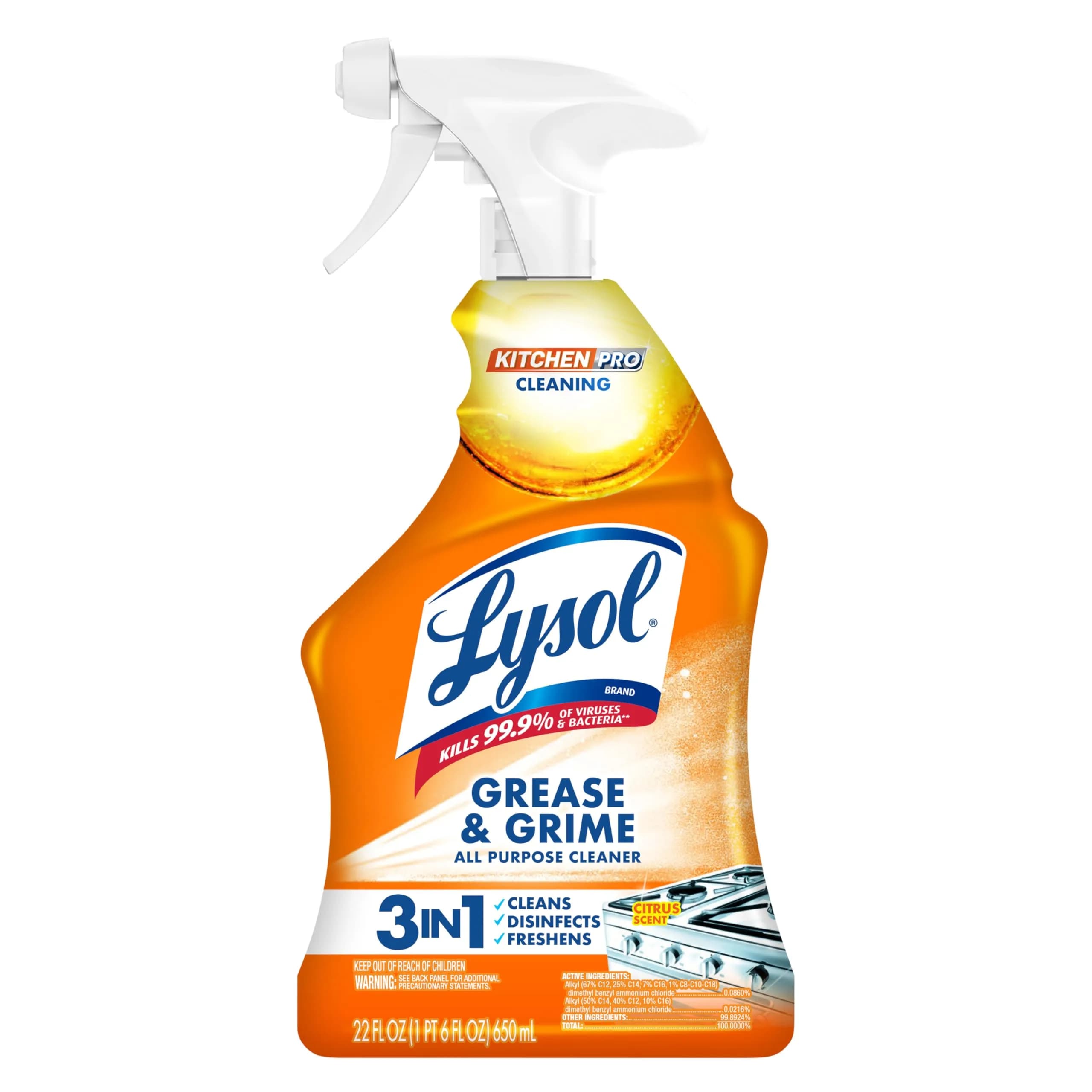 Lysol Pro Kitchen Cleaner and Degreaser Spray, Antibacterial All Purpose Cleaning Spray for Kitchens, Countertops, Ovens, and Appliances, Citrus Scent, 22oz - main product image