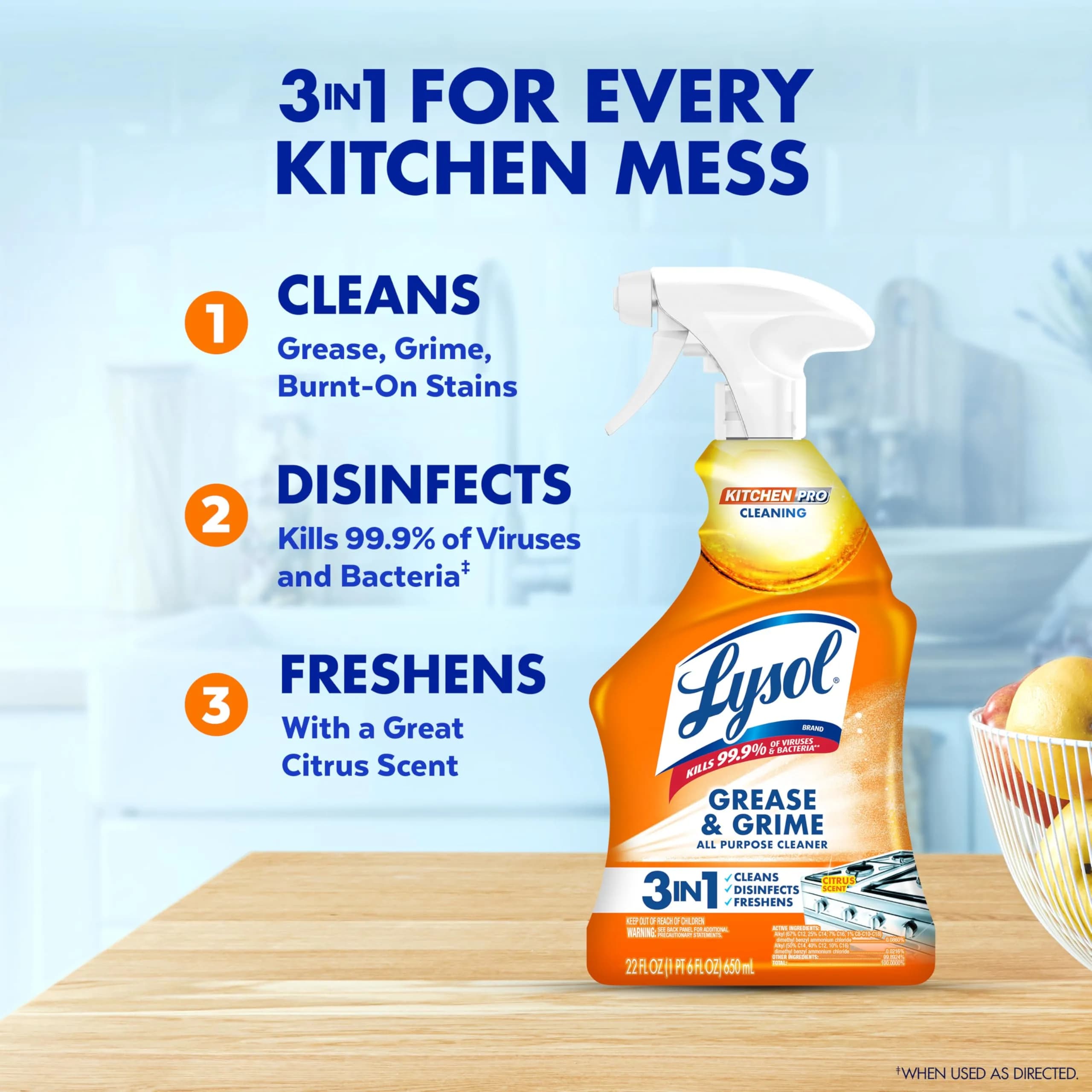 Lysol Pro Kitchen Cleaner and Degreaser Spray, Antibacterial All Purpose Cleaning Spray for Kitchens, Countertops, Ovens, and Appliances, Citrus Scent, 22oz - view 2