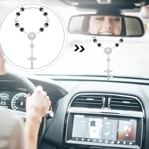 Frienda Black 4 Pcs Car Rosary Saint Benedict Rosary Rearview Mirror Hang Auto Rosary with Saint Christopher Visor Medal Cross Accessory thumbnail 6