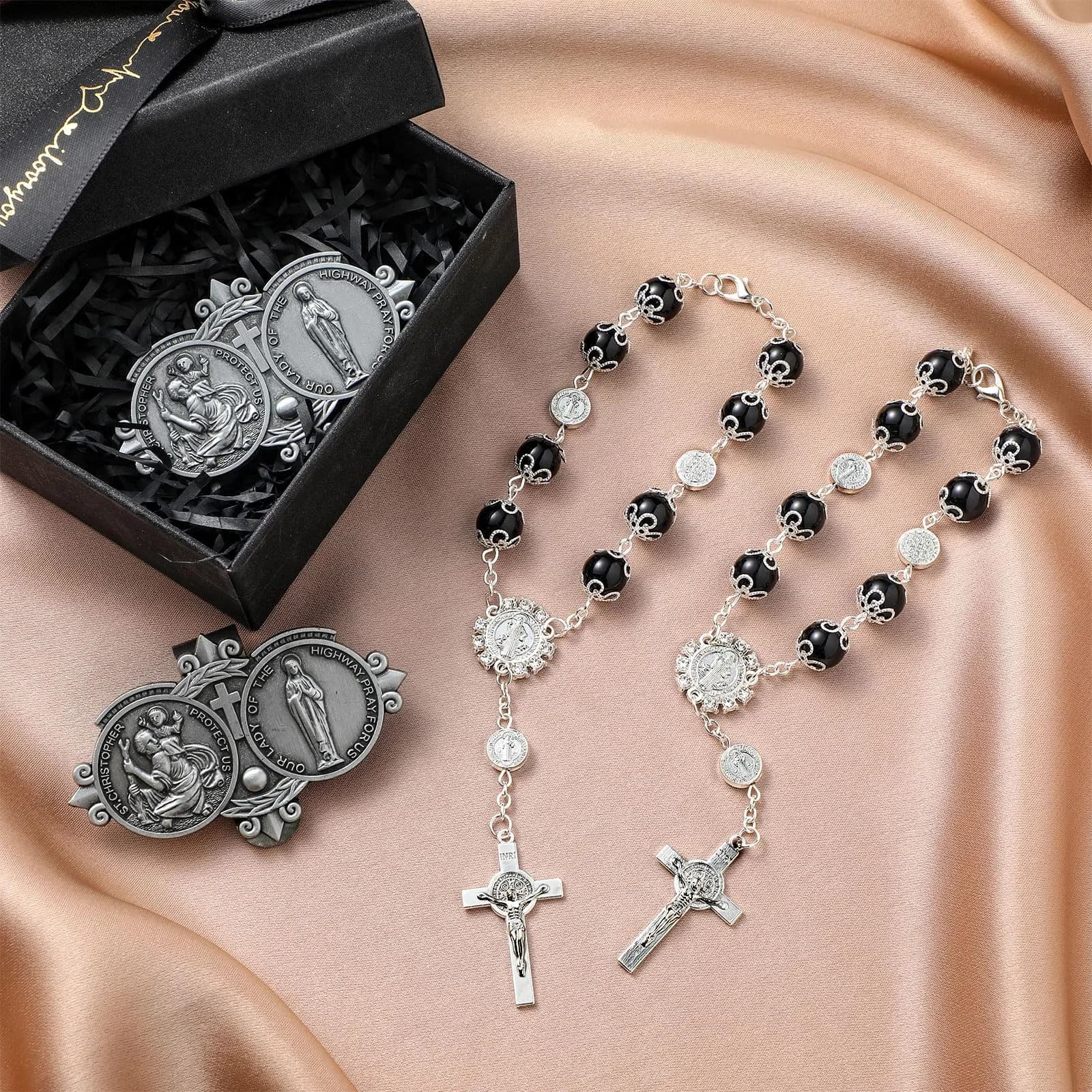 Frienda Black 4 Pcs Car Rosary Saint Benedict Rosary Rearview Mirror Hang Auto Rosary with Saint Christopher Visor Medal Cross Accessory - view 7