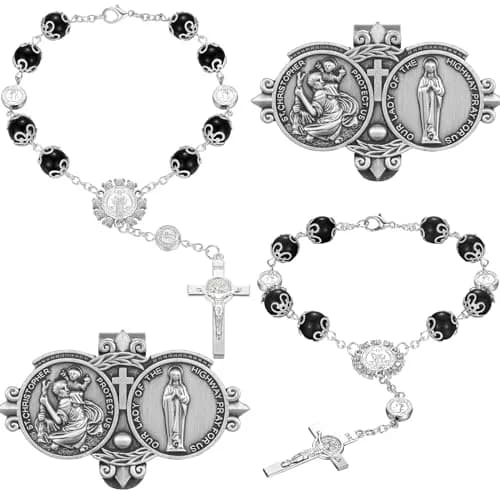 Frienda Black 4 Pcs Car Rosary Saint Benedict Rosary Rearview Mirror Hang Auto Rosary with Saint Christopher Visor Medal Cross Accessory thumbnail 1