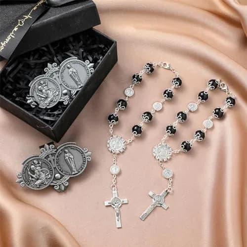 Frienda Black 4 Pcs Car Rosary Saint Benedict Rosary Rearview Mirror Hang Auto Rosary with Saint Christopher Visor Medal Cross Accessory thumbnail 7