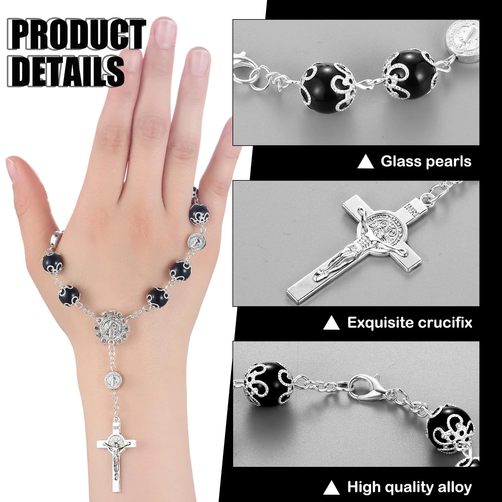 Frienda Black 4 Pcs Car Rosary Saint Benedict Rosary Rearview Mirror Hang Auto Rosary with Saint Christopher Visor Medal Cross Accessory - view 3
