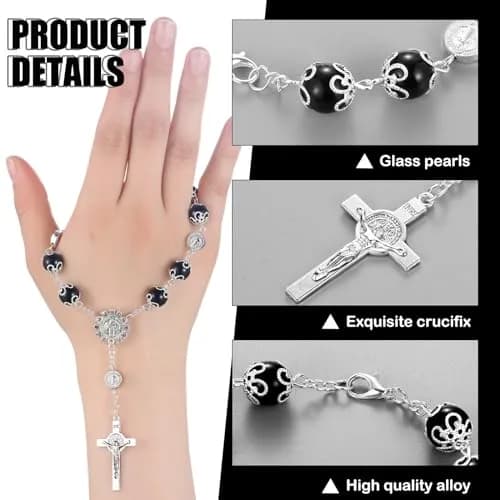 Frienda Black 4 Pcs Car Rosary Saint Benedict Rosary Rearview Mirror Hang Auto Rosary with Saint Christopher Visor Medal Cross Accessory thumbnail 3