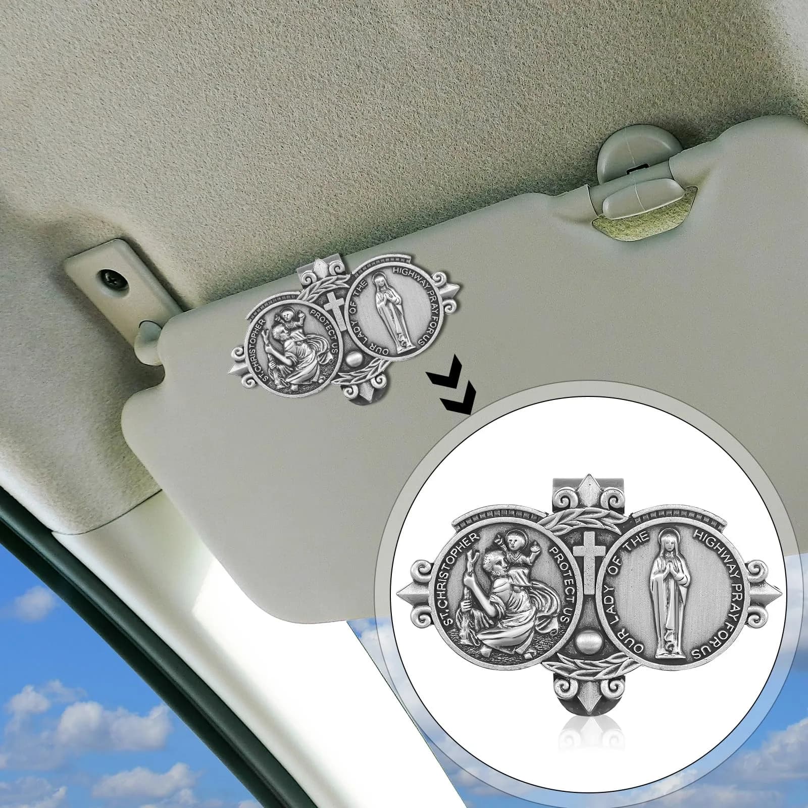 Frienda Black 4 Pcs Car Rosary Saint Benedict Rosary Rearview Mirror Hang Auto Rosary with Saint Christopher Visor Medal Cross Accessory - view 4