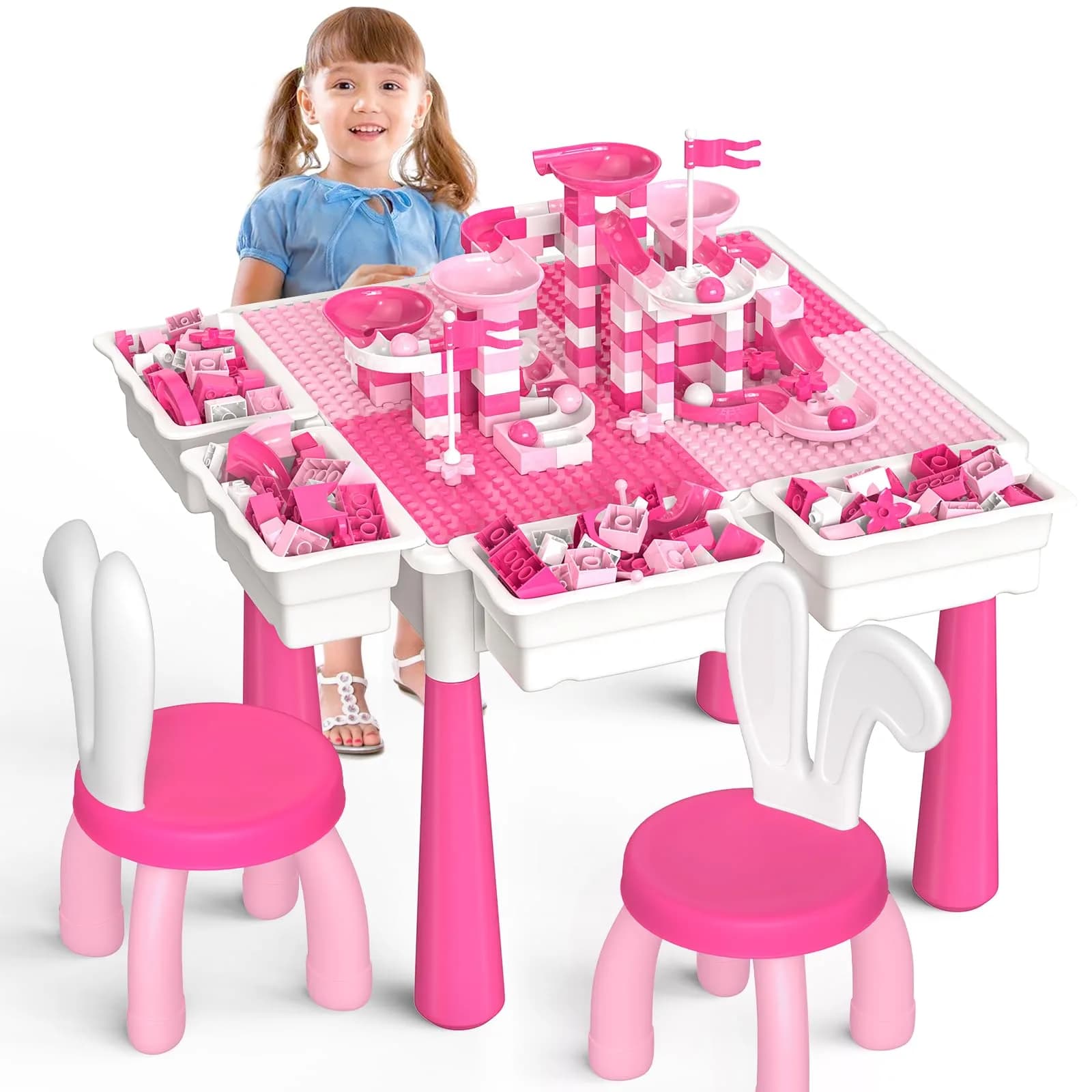 OCATO Kids Table and 4 Chairs Set Activity Table Water Table for Kids 152PCS Large Building Blocks | Versatile, Durable & Safe (70-120 chars) — Pink