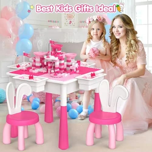 OCATO Kids Table and Chair Set Kid Water Table Activity Tables | 152PCS Building Blocks & 2 Rabbit Chairs | For Ages 3-10 thumbnail 7