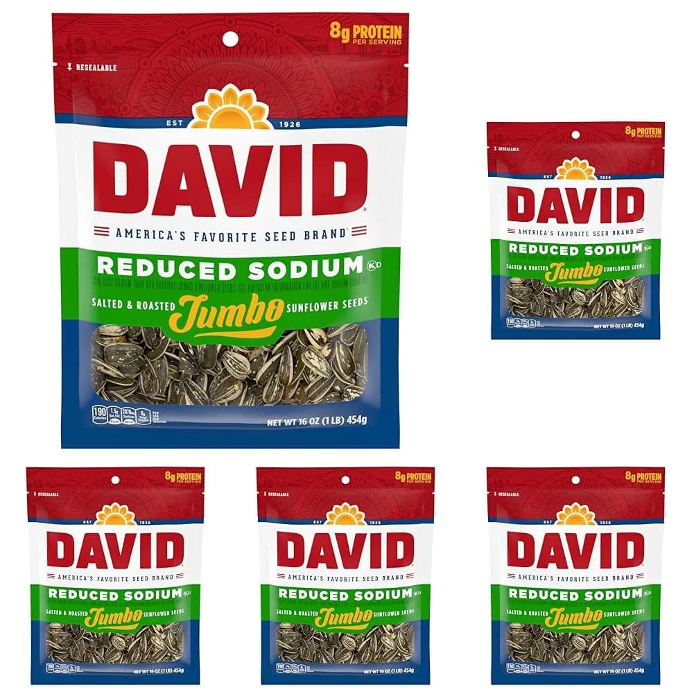 David Reduced Sodium Sunflower Seeds Original Flavor 16 oz | Gluten-Free, Travel Snack, 25% Less Sodium