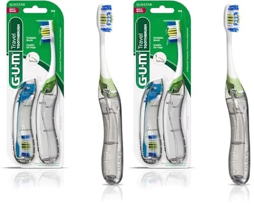 GUM Folding Travel Toothbrush 2ct (Pack of 2) | Compact Head + Tongue Cleaner, Soft Bristles thumbnail 1