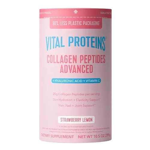 Vital Proteins Collagen Peptides Advanced Vanilla Flavor Powder, 21oz (600g) | Hydrolyzed Peptides with Hyaluronic Acid & Vitamin C — Strawberry Lemon