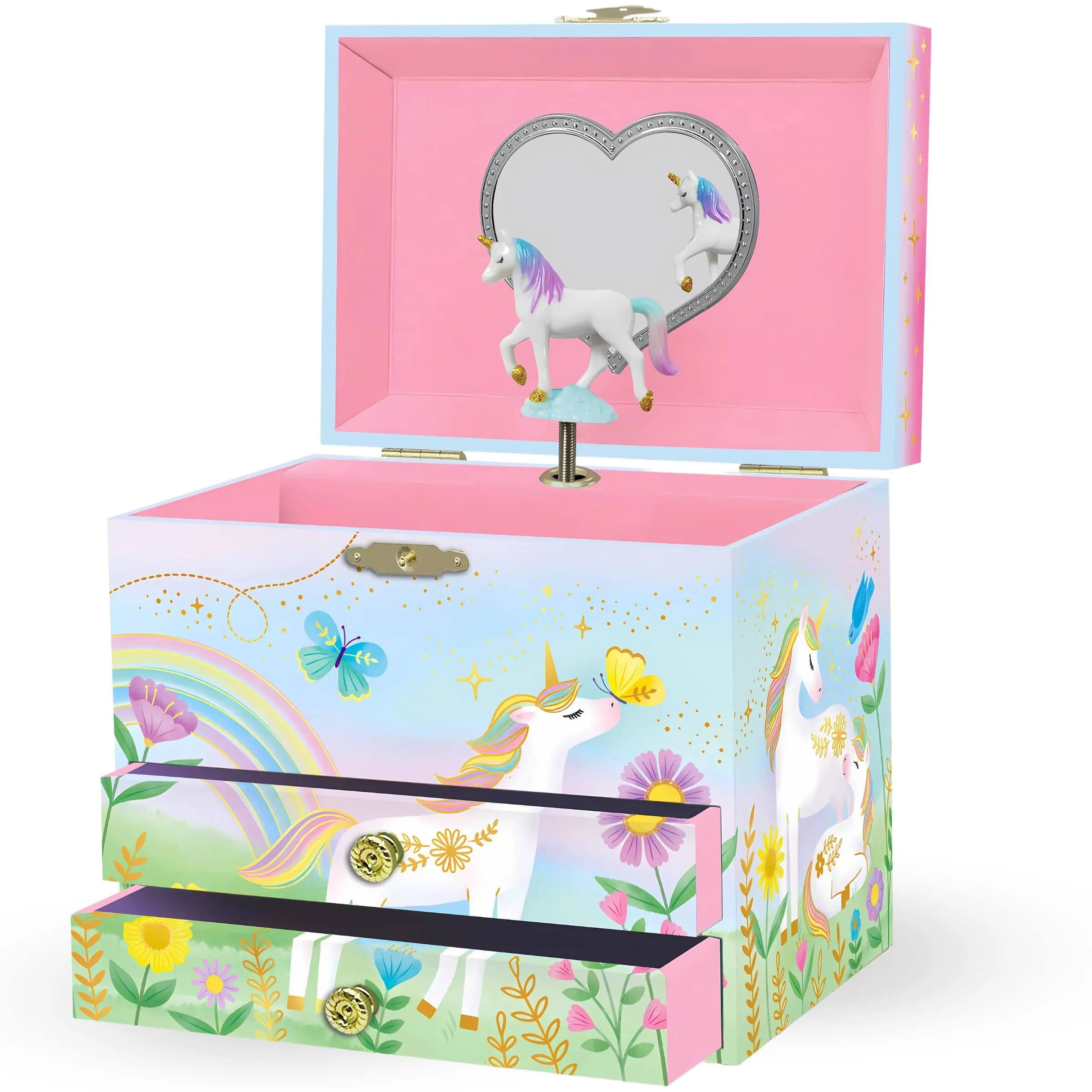Giggle & Honey Musical Unicorn Jewelry Box for Girls | 6.8 x 5.3 x 6 in | Durable Pine Fiberboard — Floral Unicorn