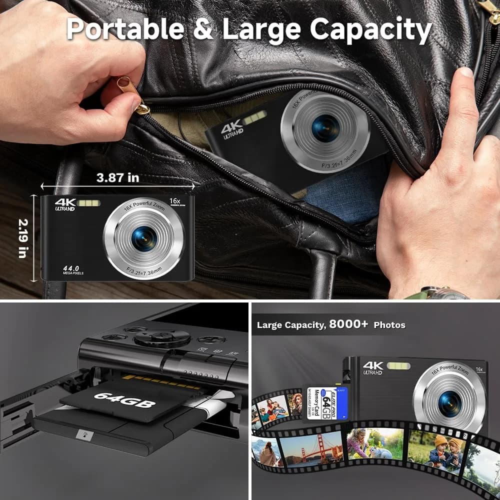 SMARTKLIK Digital Camera 4K 44MP with 64GB SD Card | Autofocus Compact Camera for Teens - view 6