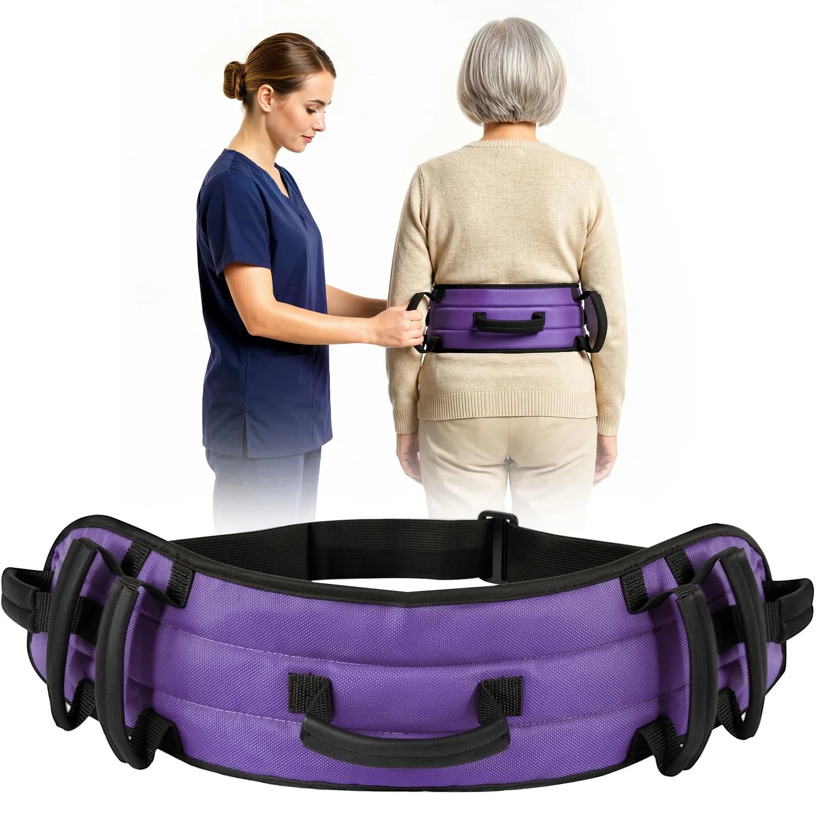 Rhino Valley Gait Belt 150cm (59in) with 7 Handles | Durable Elderly Transfer Support — C-Purple