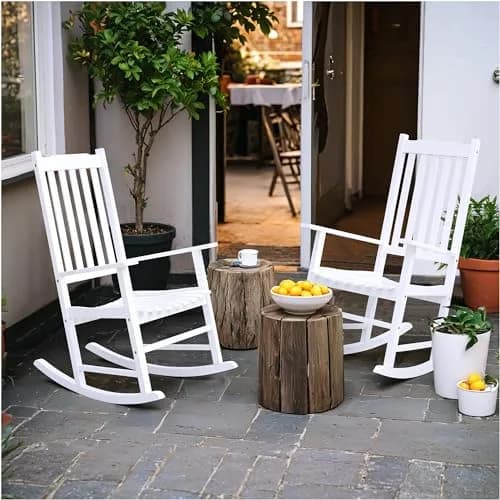Flamaker Acacia Wooden Rocking Chair Outdoor Rocking Chair (White) | Solid Acacia Wood, Ergonomic Design, Safe & Comfortable thumbnail 7