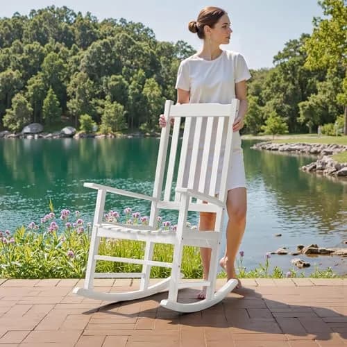 Flamaker Acacia Wooden Rocking Chair Outdoor Rocking Chair (White) | Solid Acacia Wood, Ergonomic Design, Safe & Comfortable thumbnail 3