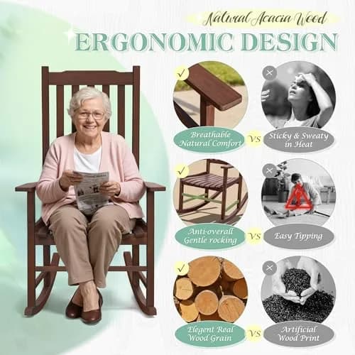 Flamaker Acacia Wooden Rocking Chair Outdoor Rocking Chair (Brown) | All-Weather Durable Porch & Patio Seat thumbnail 5