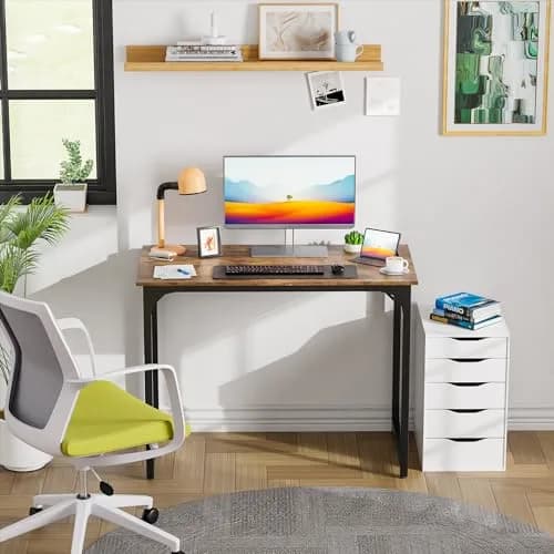 PayLessHere 39 Inch Computer Desk Brown | Sturdy Office Desk with Metal Frame & Water-Resistant Surface thumbnail 2