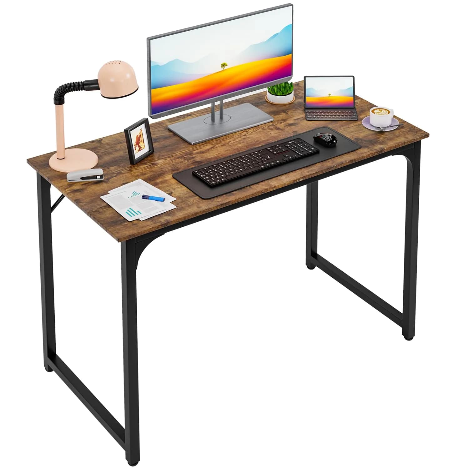 PayLessHere 39 Inch Computer Desk Brown | Sturdy Office Desk with Metal Frame & Water-Resistant Surface - main product image