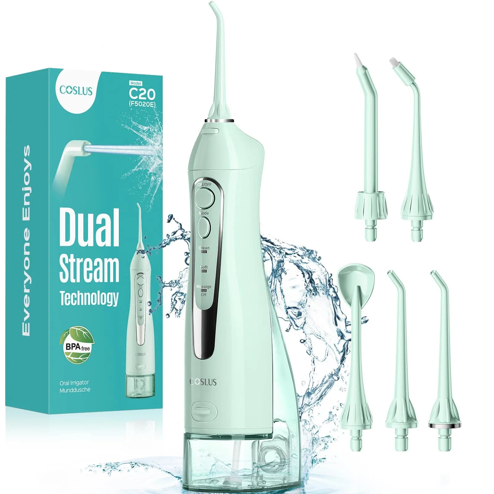 COSLUS C20 Water Dental Flosser 300ml (10.14 Fl Oz) | ADA Accepted Oral Irrigator for Healthier Gums