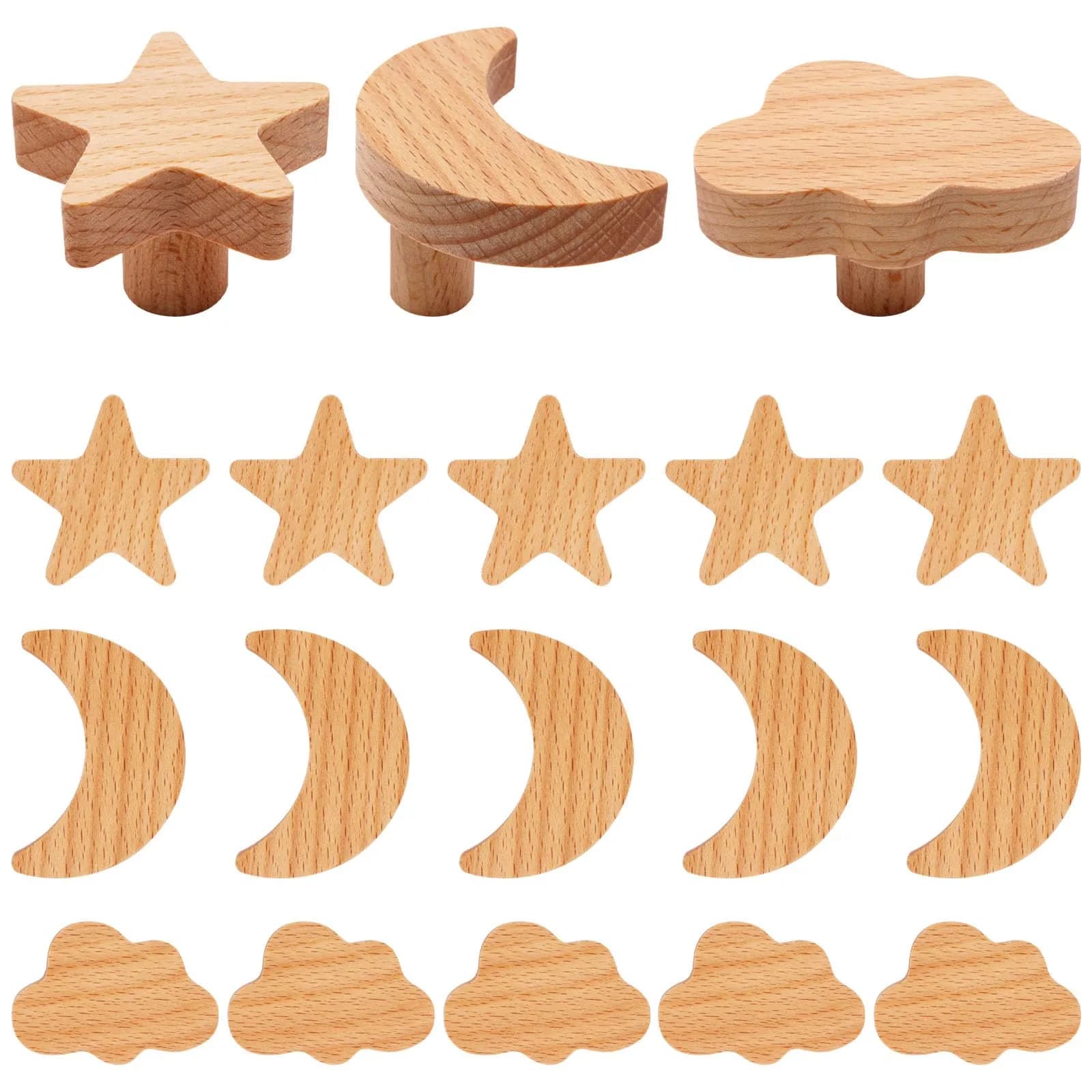 YuGtcen Star and Moon Cabinet Knobs 18-Pack | Woodland Wooden Knobs for Nursery Dressers, Cupboards, and Furniture