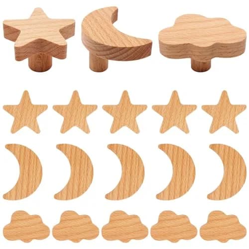 YuGtcen Star and Moon Cabinet Knobs 18-Pack | Woodland Wooden Knobs for Nursery Dressers, Cupboards, and Furniture thumbnail 1
