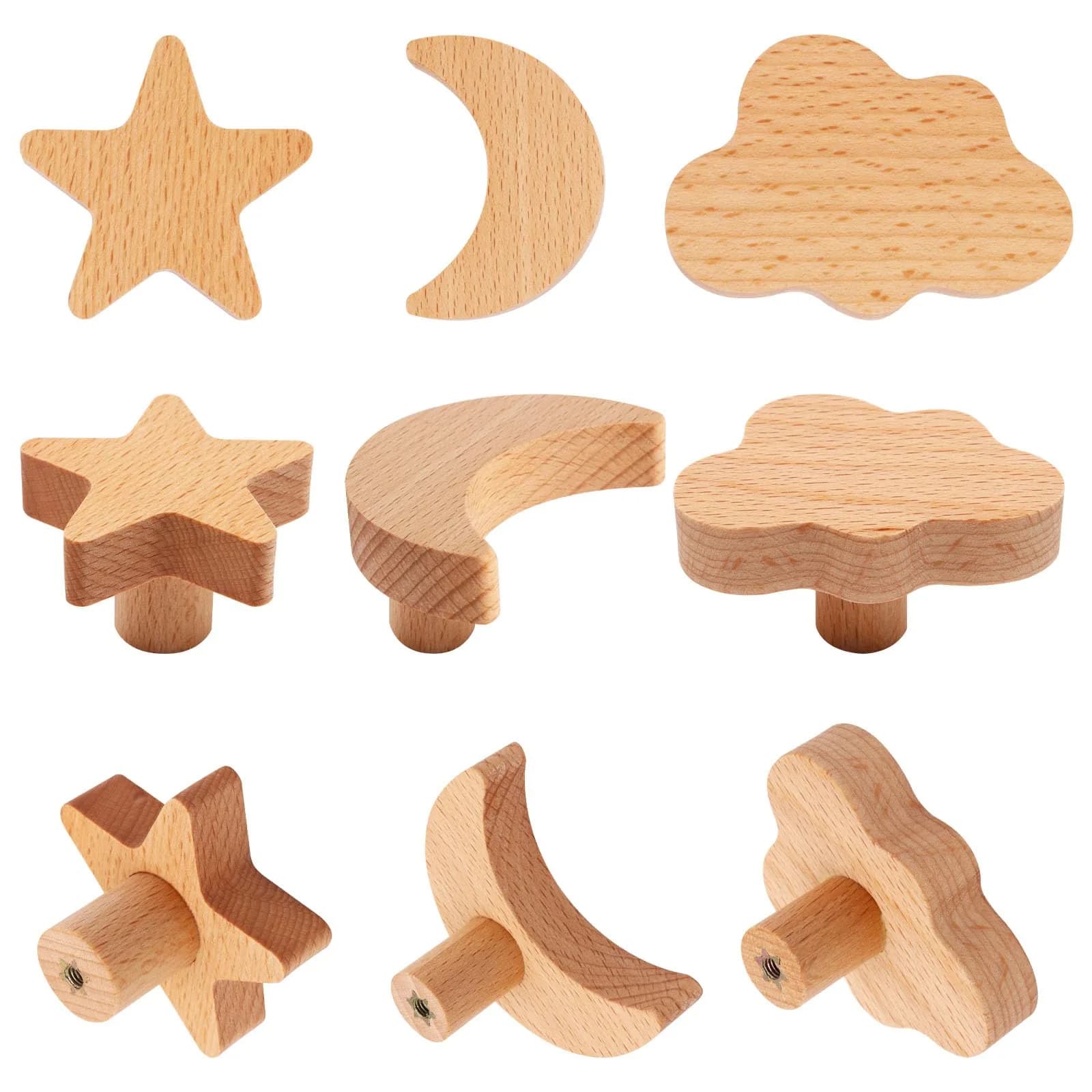 YuGtcen Star and Moon Cabinet Knobs 18-Pack | Woodland Wooden Knobs for Nursery Dressers, Cupboards, and Furniture - view 3