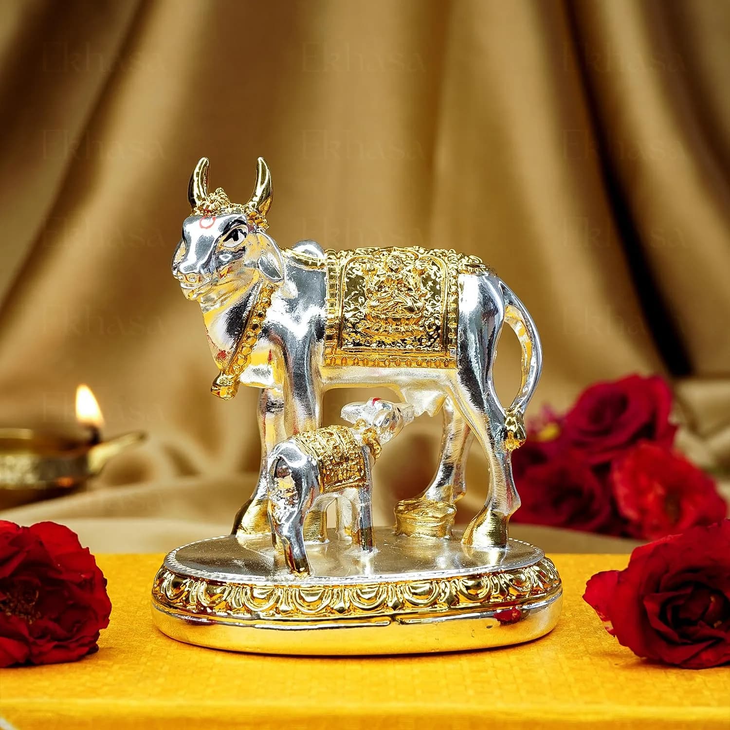 Ekhasa Silver Kamdhenu Cow with Calf Vastu Idol | Divine Cow & Calf Statue for Pooja & Home Decor