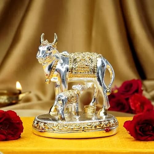 Ekhasa Silver Kamdhenu Cow with Calf Vastu Idol | Divine Cow & Calf Statue for Pooja & Home Decor thumbnail 1