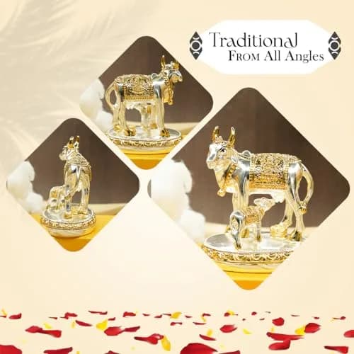 Ekhasa Silver Kamdhenu Cow with Calf Vastu Idol | Divine Cow & Calf Statue for Pooja & Home Decor thumbnail 4