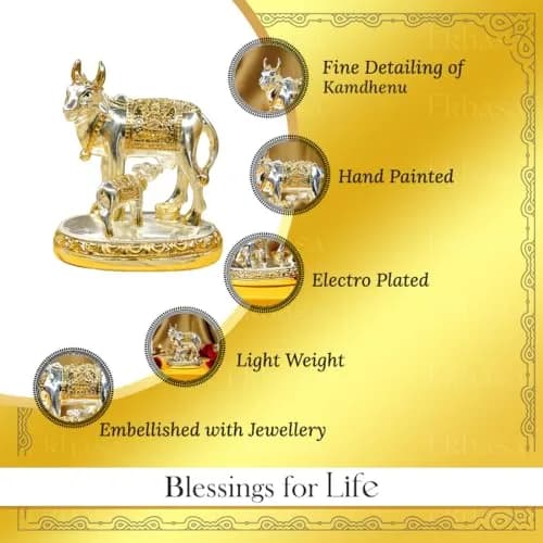 Ekhasa Silver Kamdhenu Cow with Calf Vastu Idol | Divine Cow & Calf Statue for Pooja & Home Decor thumbnail 2