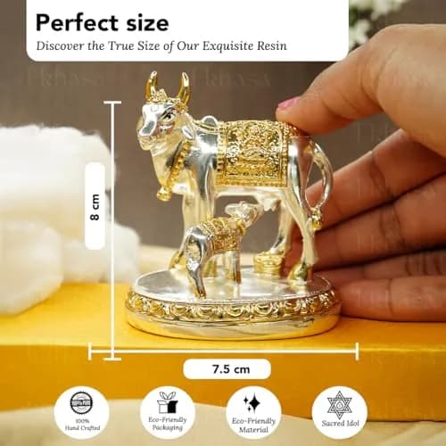 Ekhasa Silver Kamdhenu Cow with Calf Vastu Idol | Divine Cow & Calf Statue for Pooja & Home Decor thumbnail 3