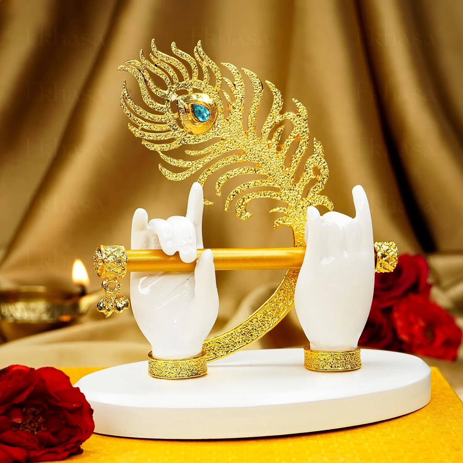 Ekhasa Lord Krishna Hands with Flute Idol | Krishna Flute Hand Statue | Krishnaji Divine Hands Idol with Flute and Peacock Feather | Krishna Statue for Car Dashboard, Living Room & Griha Pravesh Gift - main product image