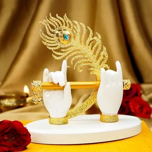 Ekhasa Lord Krishna Hands with Flute Idol | Krishna Flute Hand Statue | Krishnaji Divine Hands Idol with Flute and Peacock Feather | Krishna Statue for Car Dashboard, Living Room & Griha Pravesh Gift thumbnail 1