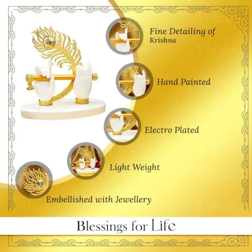 Ekhasa Lord Krishna Hands with Flute Idol | Krishna Flute Hand Statue | Krishnaji Divine Hands Idol with Flute and Peacock Feather | Krishna Statue for Car Dashboard, Living Room & Griha Pravesh Gift thumbnail 2