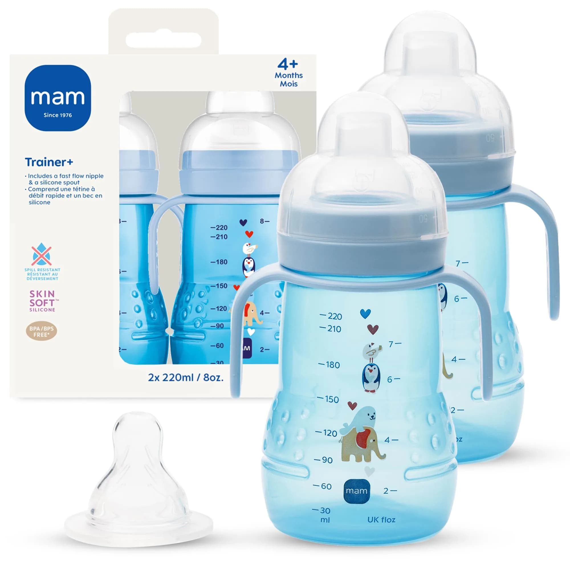 MAM Trainer Sippy Cup for Toddlers 1-3 Years, 240ml (8 oz) | Spill-Free Nipple & Non-Slip Handles — Blue / (8 oz)