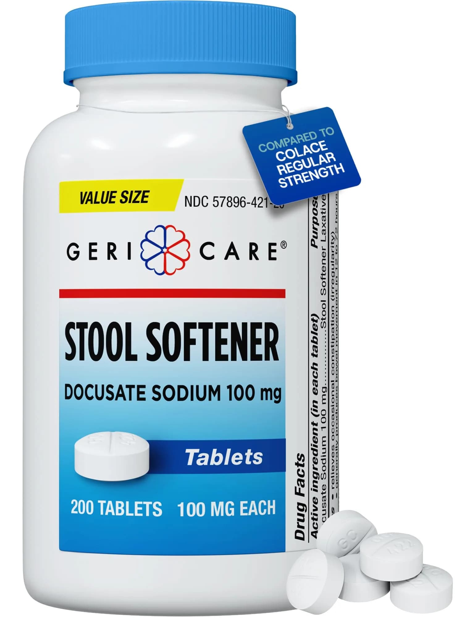 GeriCare Docusate Sodium Stool Softeners 100mg | 200 Crushable Tablets | Dye Free, Made in The USA