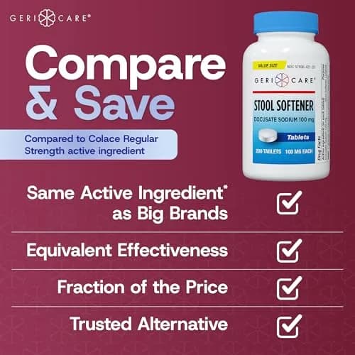 GeriCare Docusate Sodium Stool Softeners 100mg | 200 Crushable Tablets | Dye Free, Made in The USA thumbnail 8