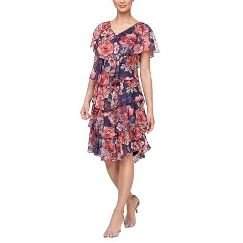 S.L. Fashions Women's Short Sleeve Floral Tiered Chiffon Cocktail Dress, Plum Multi, Size 12 | Elegant Summer Party Wear thumbnail 1